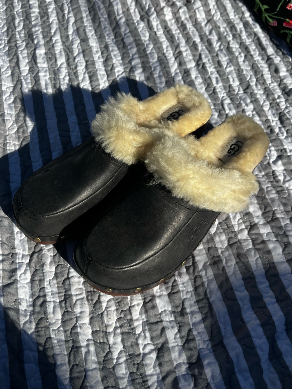 UGG Black Leather Clog Mules with Cream Shearling Trim - UGG Kalie Clog